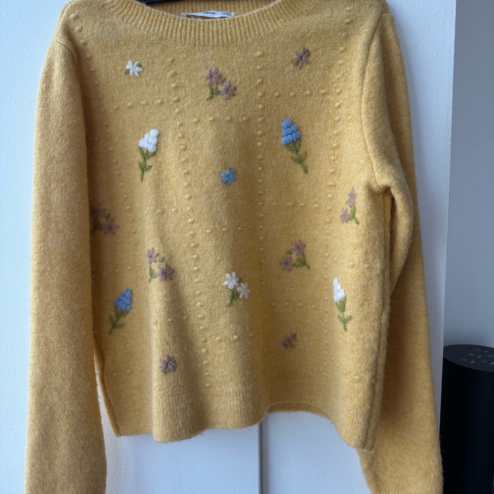Mango Yellow Crew Neck Sweater with Butterfly Print